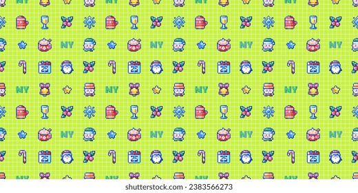 Pixel Art Christmas Magic: Retro 80s-90s Holiday Backgrounds with 8 bit Christmas Glove, Mitten, Candy Cane, Penguin, Calendar, Bell, 