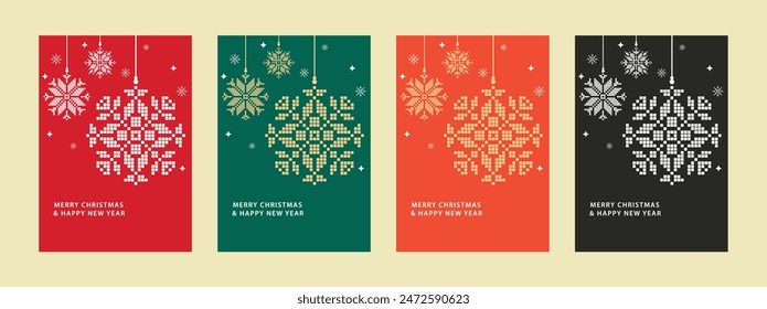 Pixel Art Christmas and New Year Greeting Card Set in Red, Green, Orange, and Black - Modern Retro Snowflake Designs for Holiday Celebrations