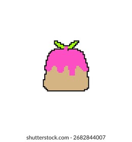 Pixel art Christmas pudding with icing and holly decoration Retro 8bit game style Xmas icon isolated on white background