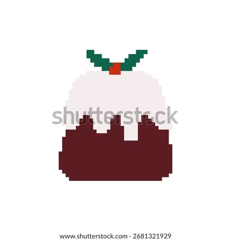 Pixel art Christmas pudding with icing and holly decoration Retro 8bit game style Xmas icon isolated on white background