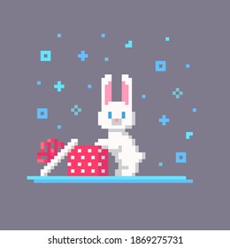 Pixel art Christmas rabbit opened the box. Cute greeting illustration on holidays. Vector.