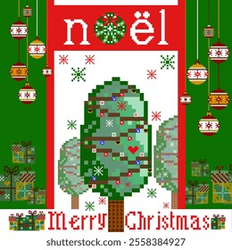 Pixel Art Christmas Scene with Noel Text, Trees, and Ornaments