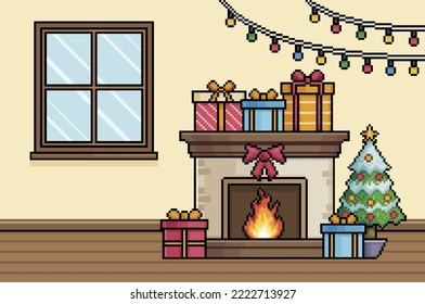 
Pixel art christmas scene room with window, fireplace, christmas tree, gifts background vector for 8bit game