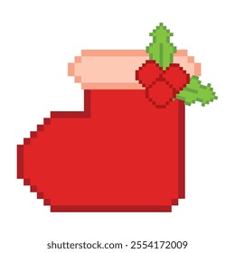 Pixel art Christmas stocking with holly Vector