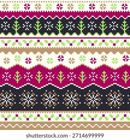 Pixel Art Christmas Sweater Pattern with Nordic Holiday Ornament Design Vector Illustration