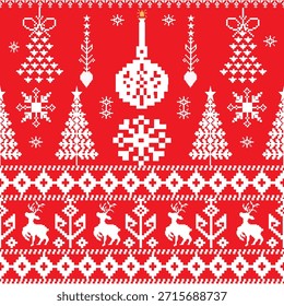 Pixel art Christmas sweater pattern in traditional Nordic style featuring reindeer, snowflakes, Christmas trees and hanging ornaments in red and white colors. Seamless pixel knit winter holiday background perfect for retro designs, textile, fabric, wrapping paper, wallpaper, apparel and festive decorations.
