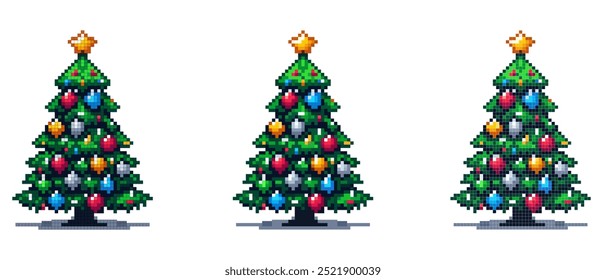 A pixel art Christmas tree adorned with multicolored baubles and topped with a shining star.