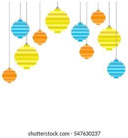 Pixel art Christmas tree ball composition. Flat design. Christmas background, greeting card for New Year with copy space