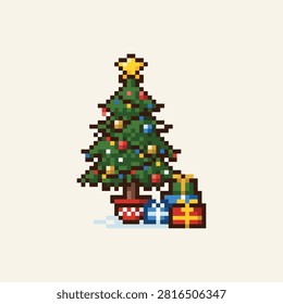 Pixel art Christmas tree with colorful ornaments and gift boxes underneath, evoking holiday