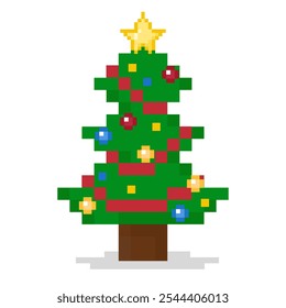 A pixel art Christmas tree decorated with colorful ornaments and a star on top, designed in a retro 8 bit style. Perfect for holiday themed games, cards, or digital art.