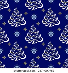 Pixel art Christmas tree design in white and blue, decorated with snowflakes, seamless festive background.