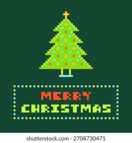 Pixel Art Christmas Tree Frame with Merry Christmas Greeting Vector Illustration