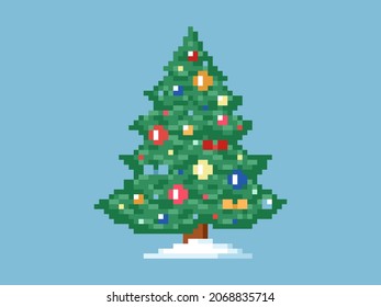 Pixel art Christmas tree illustration. 8 bit retro vector isolated Christmas tree with colorful decorations, balls and toys.