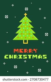 Pixel Art Christmas Tree with Merry Christmas Snow Scene Vector Illustration