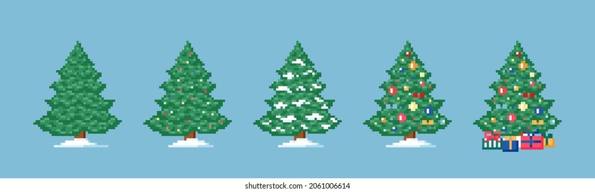 Pixel art Christmas tree set. 8 bit video game decorations collection with deferent types of Christmas trees. Vector isolated vintage icon.
