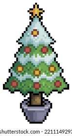 Pixelart-Weihnachtsbaum mit Stern und Baubeln, Vektorsymbol für 8bit-Spiel auf weißem Hintergrund