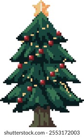 Pixel Art Christmas Tree with Star Topper and Festive Ornaments
