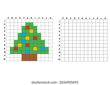 Pixel Art Weihnachtsbaum Arbeitsblatt für Kinder mit leerem Raster für Zeichenübungen.