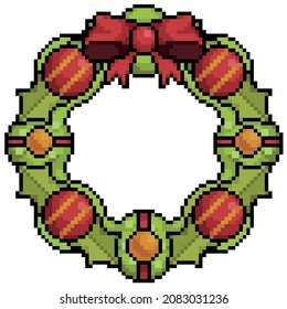 Pixel art christmas wreath, christmas decoration vector icon for 8bit game on white background

