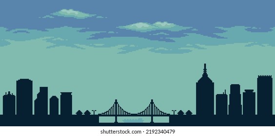 Fondo azul de la ciudad de arte de los píxeles
con edificios, construcciones, puentes y cielo nublado para juego de 8 bits