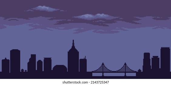 Fondo de la ciudad de arte de Pixel con edificios, construcciones, puente y cielo nublado para juego de 8 bits
