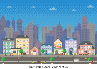 Pixel art city background with colorful houses, trees, a road with vehicles and a vibrant skyline of tall buildings. Ideal for urban themes, retro aesthetics, video games, city planning, educational