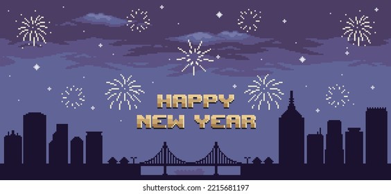 Pixel art city background with new year fireworks, black ribbon happy new year, minimalist city background for 8bit game