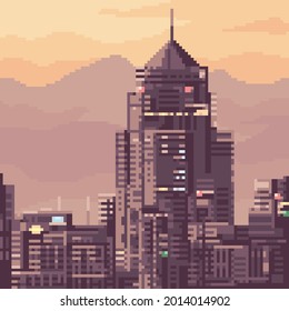 Pixel Art Of City Building Sunset
