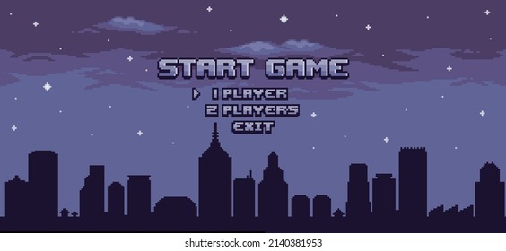 Pixel art city game home screen. Vector 8bit game background with sky, buildings, constructions