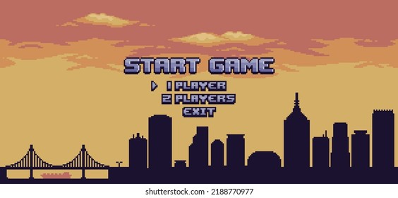 Pixel art city game home screen. Vector 8bit game background with sky, buildings, constructions