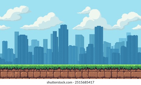 pixel art city game level background, seamless 8 bit retro video game style, grass, cityscape, skyscrapers, vector illustration