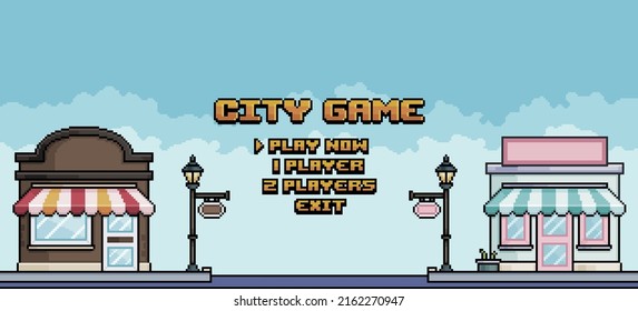 Pixel Art City Game Menu With Old Buildings Background Vector For 8bit Game
