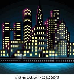 Pixel art city landscape vector illustration. Cityscape at night.