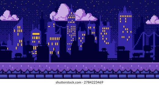 Pixel art city night background with retro 8-bit buildings, bright purple sky and yellow stars, cartoon vector illustration. Mosaic texture, urban game level design for arcade video games