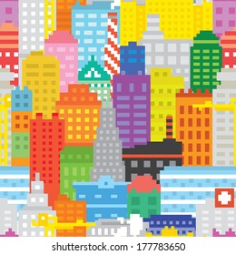 Pixel Art City Seamless Vector Pattern