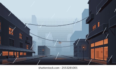 Pixel art City street with buildings and empty road in rainy weather. Vector cartoon cityscape with glowing windows of shop or cafe in evening with rain. Retro video-game style.