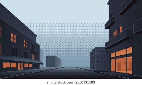 Pixel art of a city street at night. Buildings with windows lit in the dark. Background for an old 2D arcade-style video game.