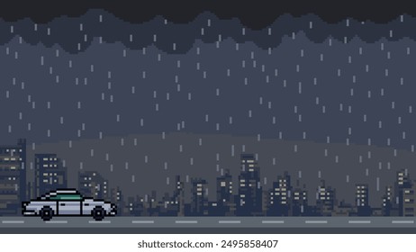 pixel art of city street raining scene background