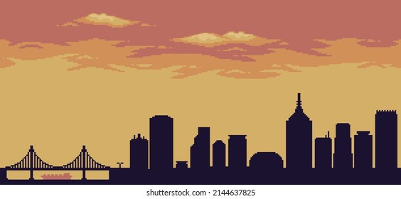Pixel art city ​​background at sunset
with buildings, constructions, bridge and cloudy sky for 8bit game