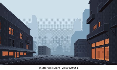 Pixel art cityscape at dusk. Houses with orange lights from windows on evening street in front of city silhouette. Retro video game background with road going into distance. Vector illustration.