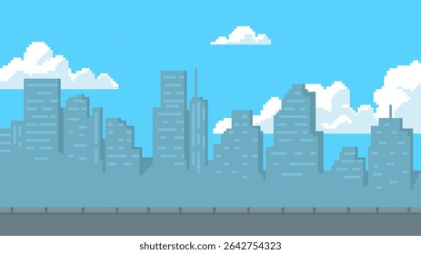 Fundo de jogo Pixel art cityscape. Silhuetas pixeladas de edifícios e arranha-céus cena para jogos de arcade de 8 bits. Vetor retro urbano jogando vista. Escritórios e imóveis no centro da cidade