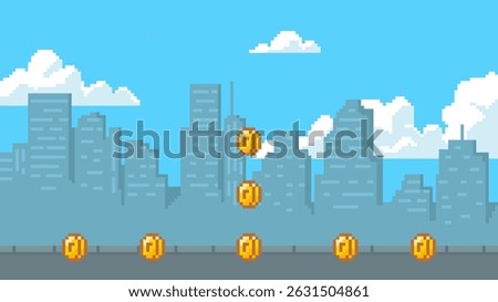 Pixel art cityscape game background. Cartoon silhouettes of buildings and skyscrapers scene with gold coins for 8 bit arcade video games. Vector offices and real estate in downtown retro playing view