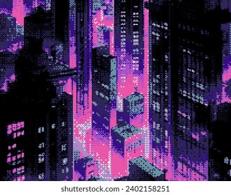 Pixel art of a cityscape in neon retrowave style of the 80s. 8-Bit design for a video game.