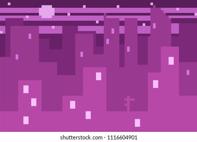 Pixel art cityscape and skyline. Vector 8 bit game web background.