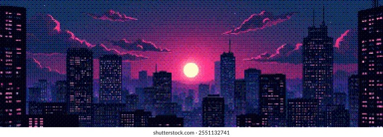 Paisaje urbano del arte del pixel con la puesta del sol vibrante sobre rascacielos. Estética retro de los 80. Escena urbana atmosférica nostálgica en estilo de arte pixel retrowave. Ciudad nocturna con luces de neón. Ilustración de Vector de 8 bits