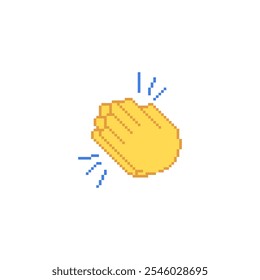 Pixel art clapping hands icon in yellow with motion lines. Retro-style applause gesture illustration in minimalist pixel design.