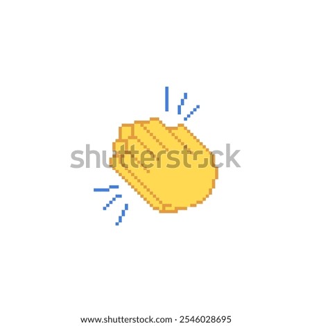 Pixel art clapping hands icon in yellow with motion lines. Retro-style applause gesture illustration in minimalist pixel design.
