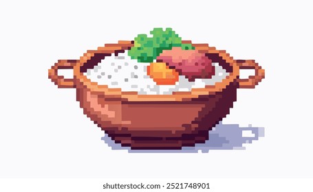 El arte de píxeles de arroz claypot presenta colores vibrantes, que representan el arroz, las carnes y las verduras en un estilo encantador de 8 bits.