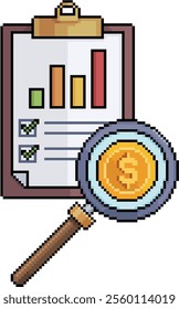 Pixel art of a clipboard with bar graph and a magnifying glass with a coin in 8-bit style