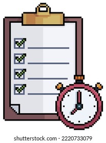 Pixel art clipboard with clock, stopwatch, alarm clock vector icon for 8bit game on white background